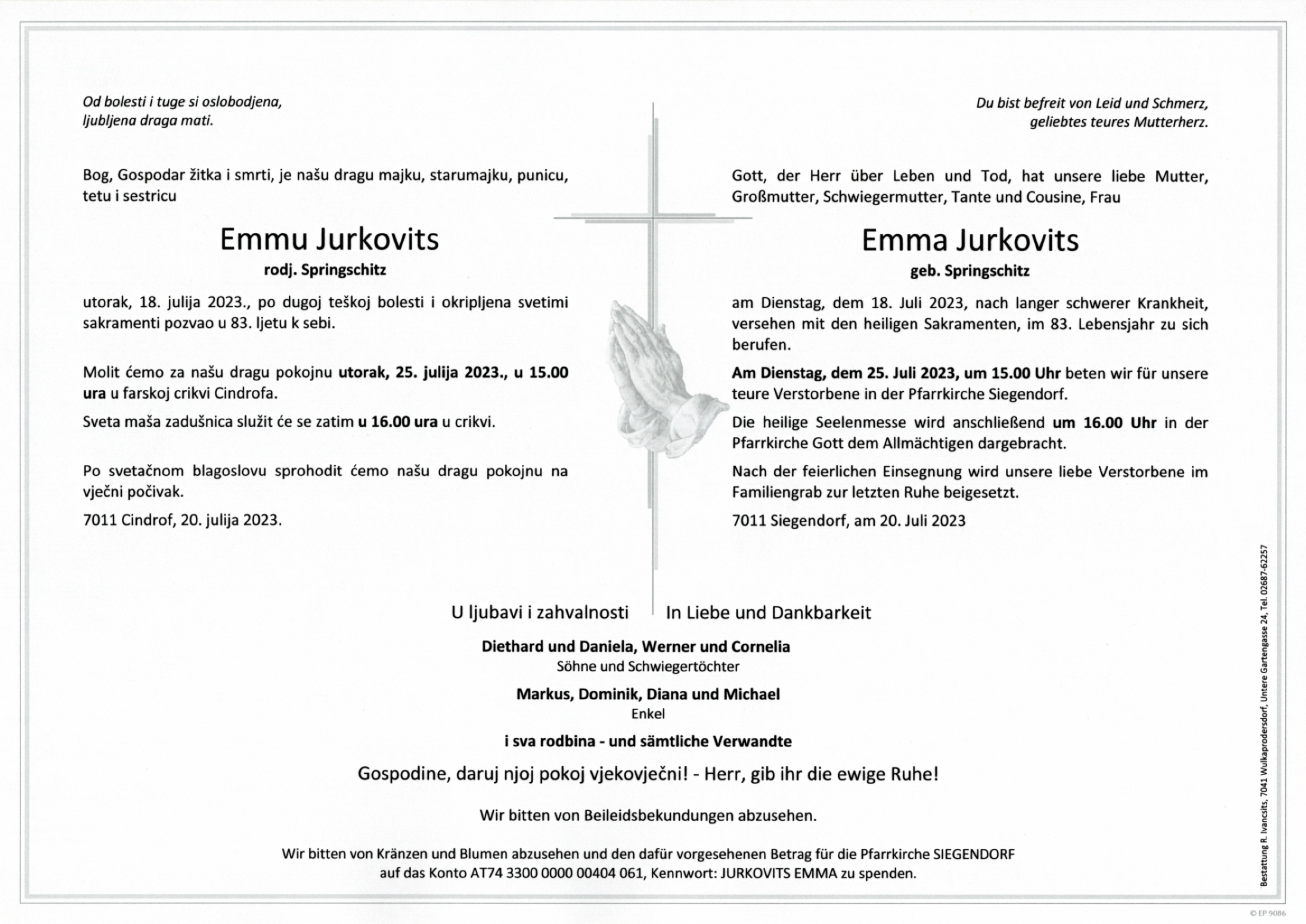 Traueranzeige von Emma Jurkovits