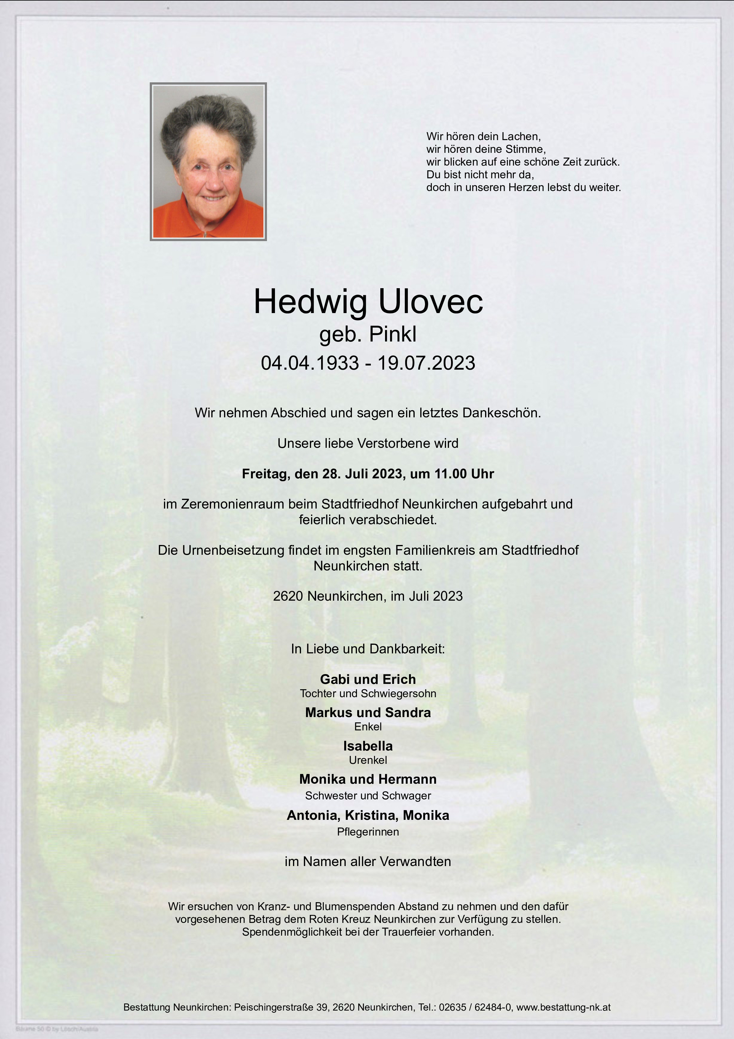 Traueranzeige von Hedwig Ulovec