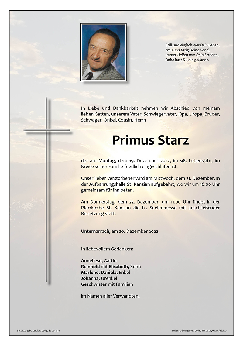 Traueranzeige von Primus Starz