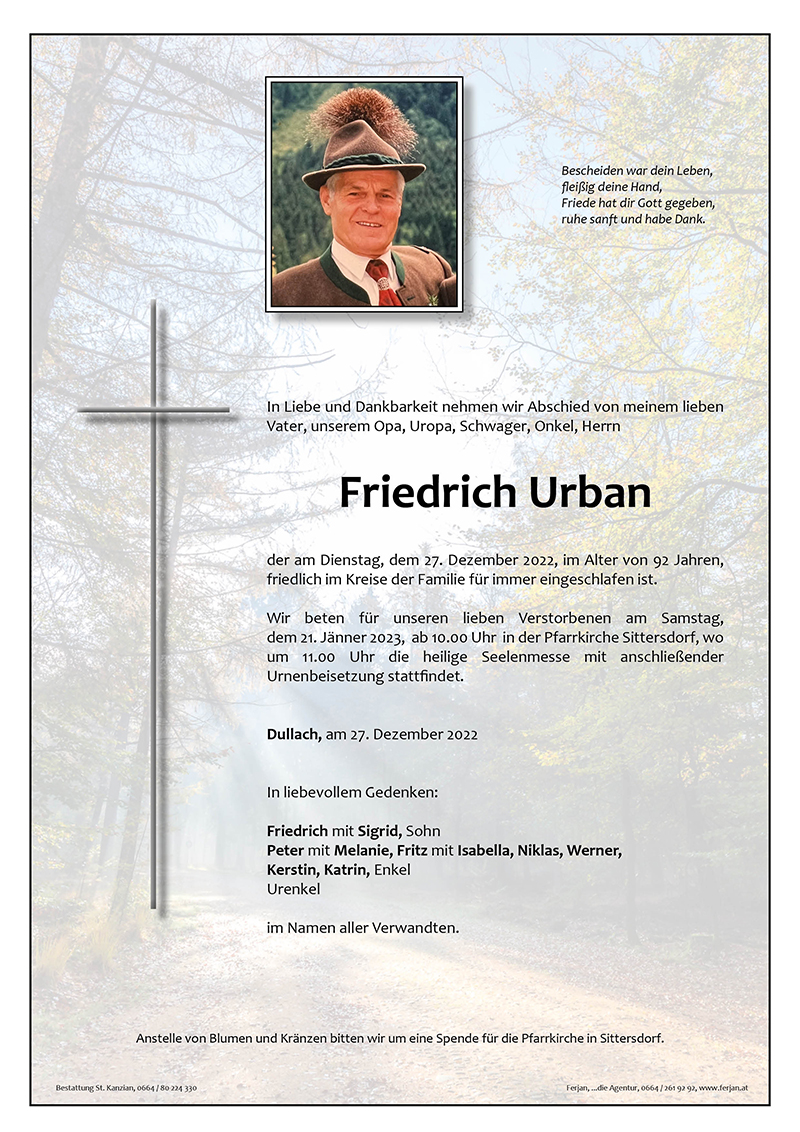 Traueranzeige von Friedrich Urban