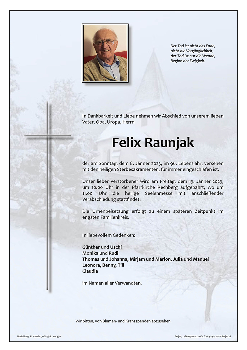 Traueranzeige von Felix Raunjak