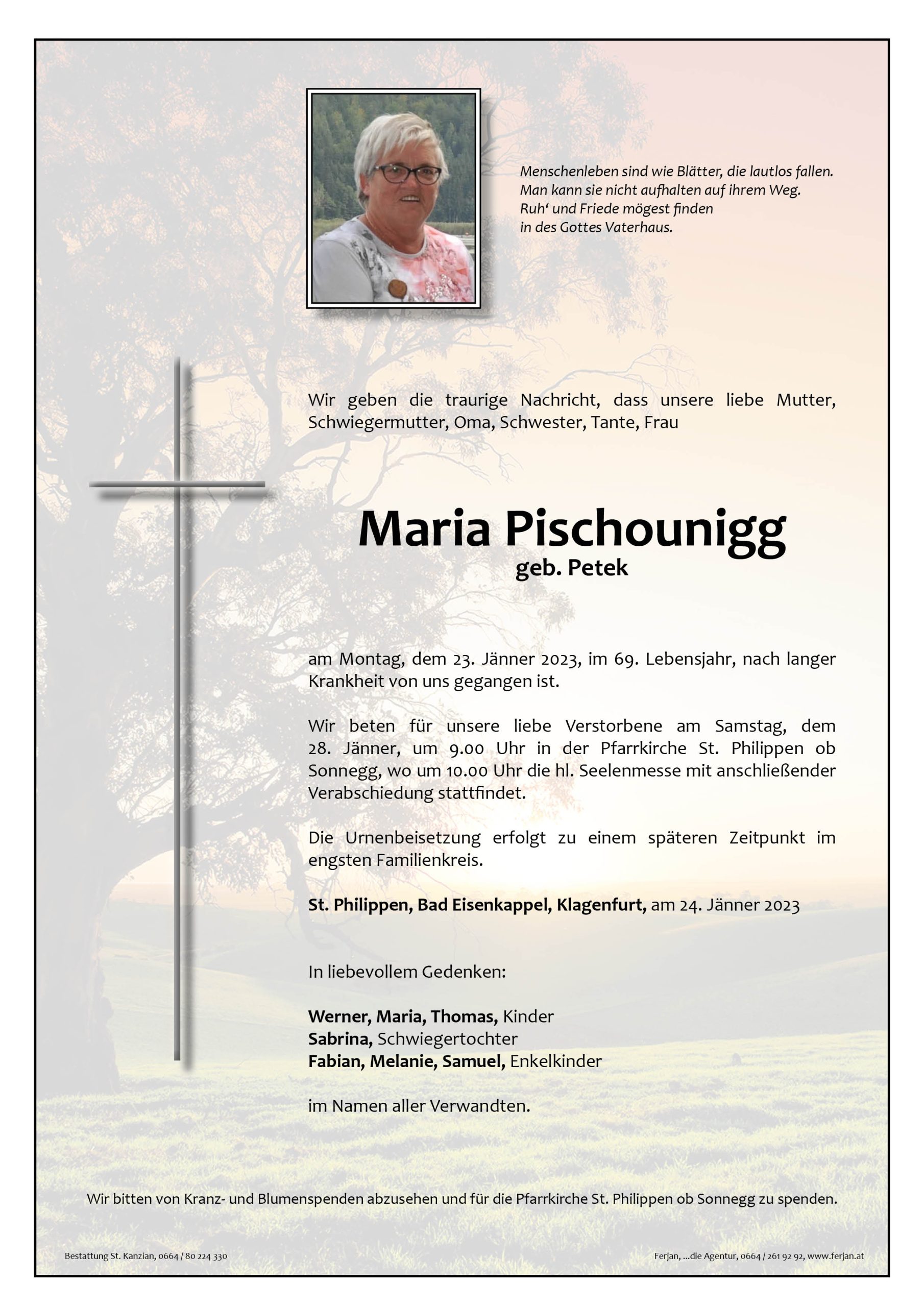 Traueranzeige von Maria  Pischounigg