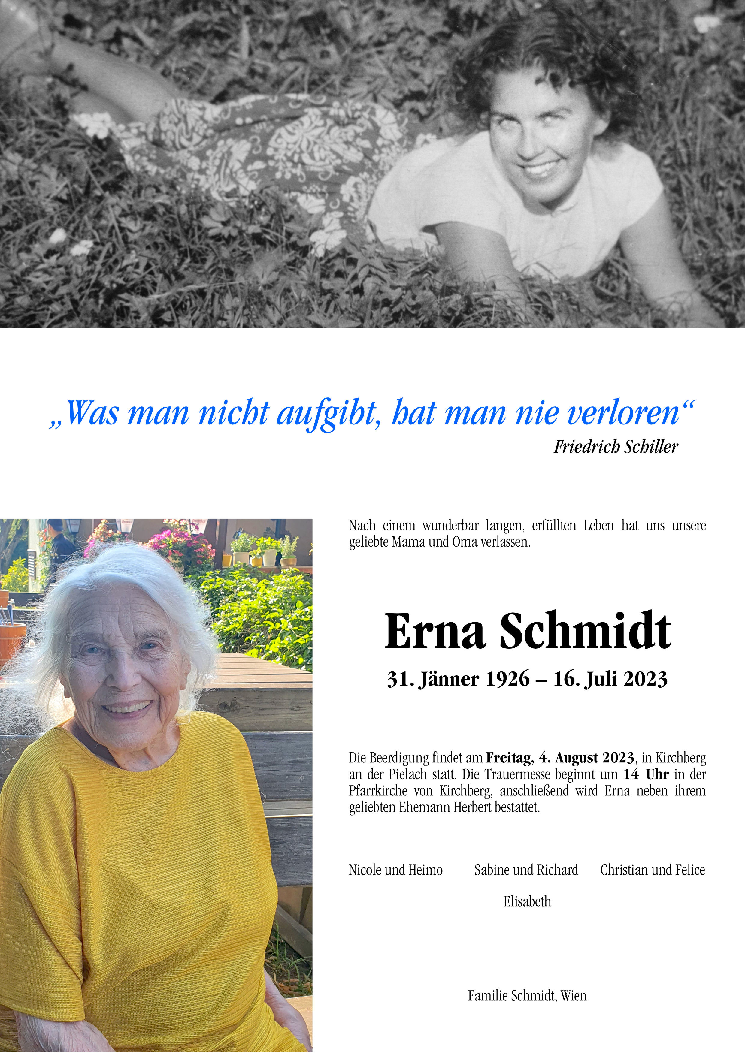 Traueranzeige von Erna Schmidt