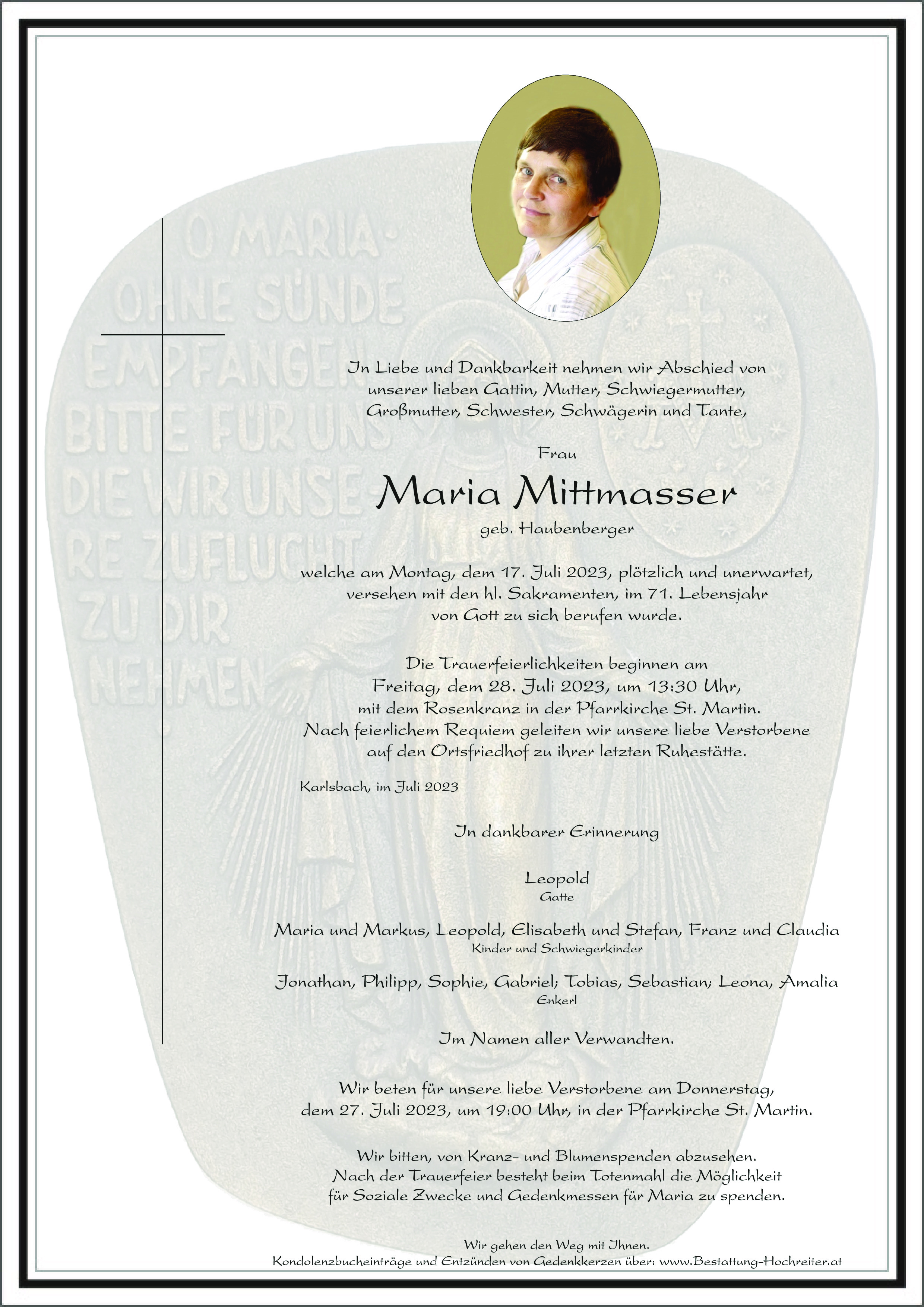 Traueranzeige von Maria Mittmasser