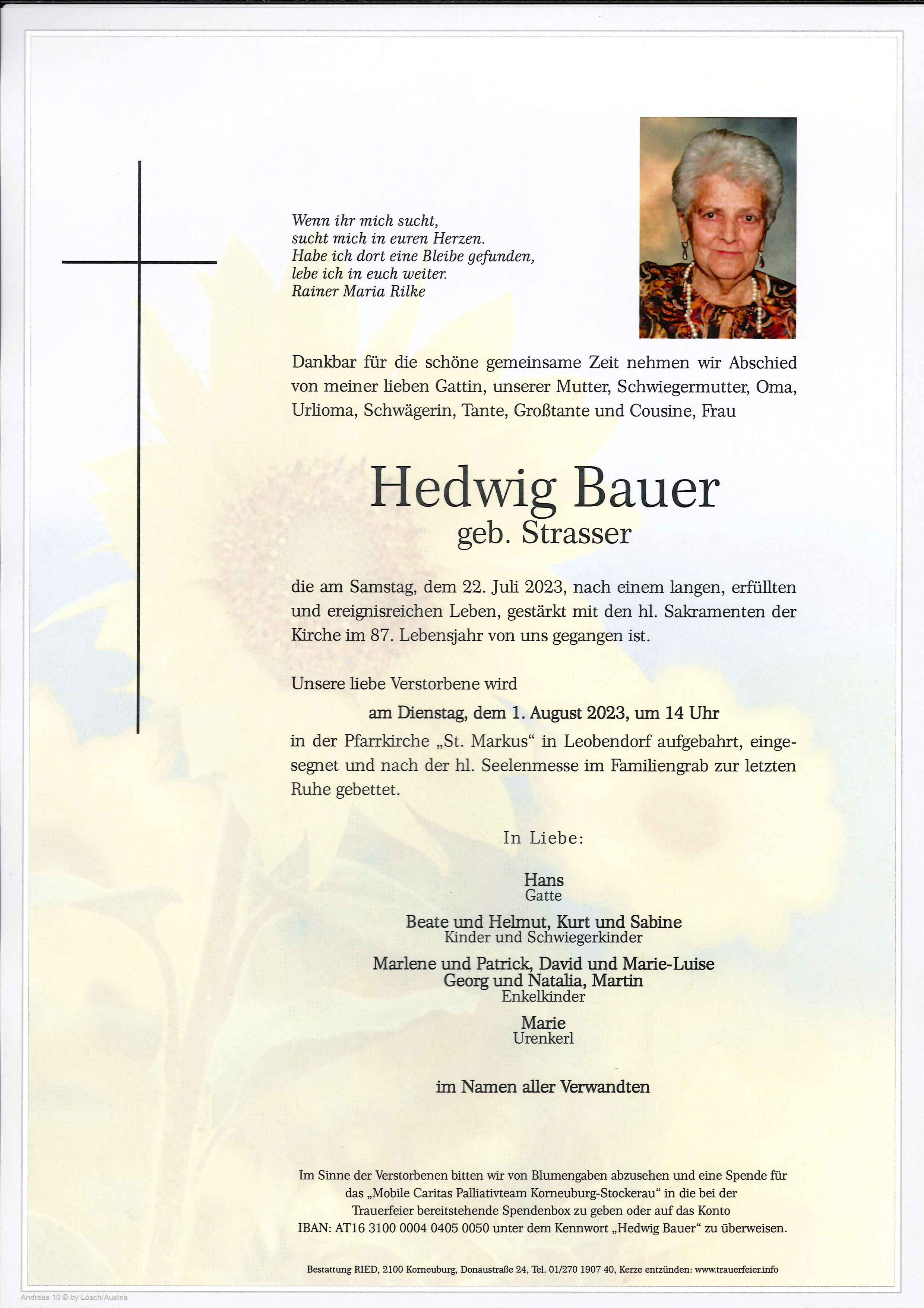 Traueranzeige von Hedwig  Bauer