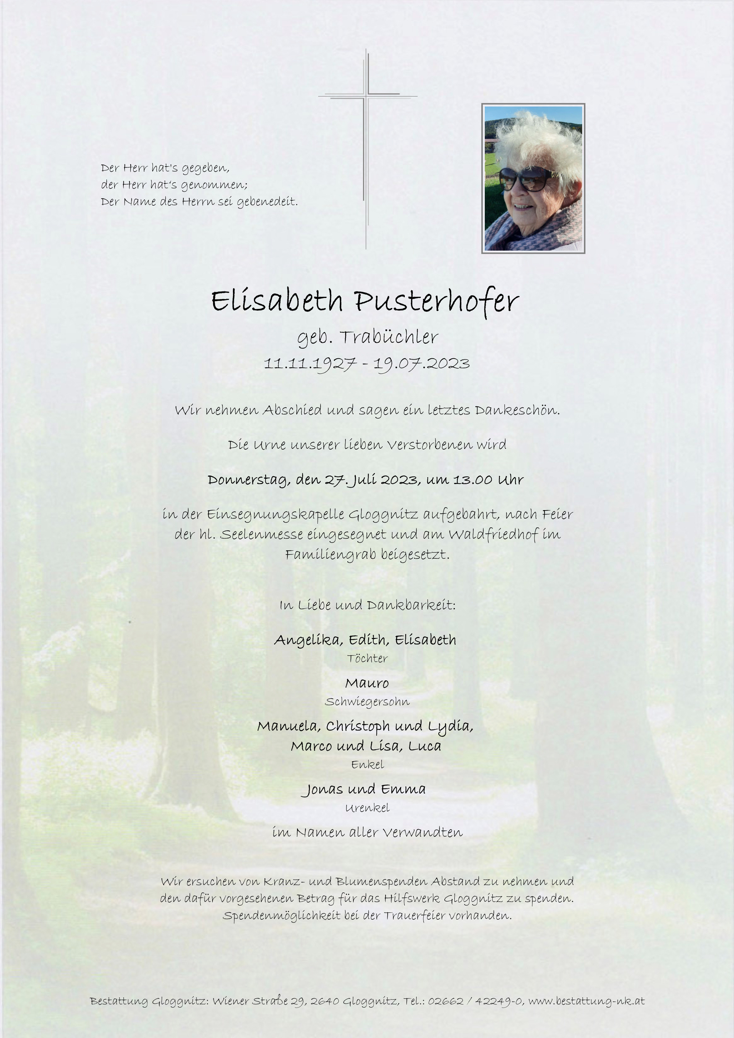 Traueranzeige von Elisabeth Pusterhofer