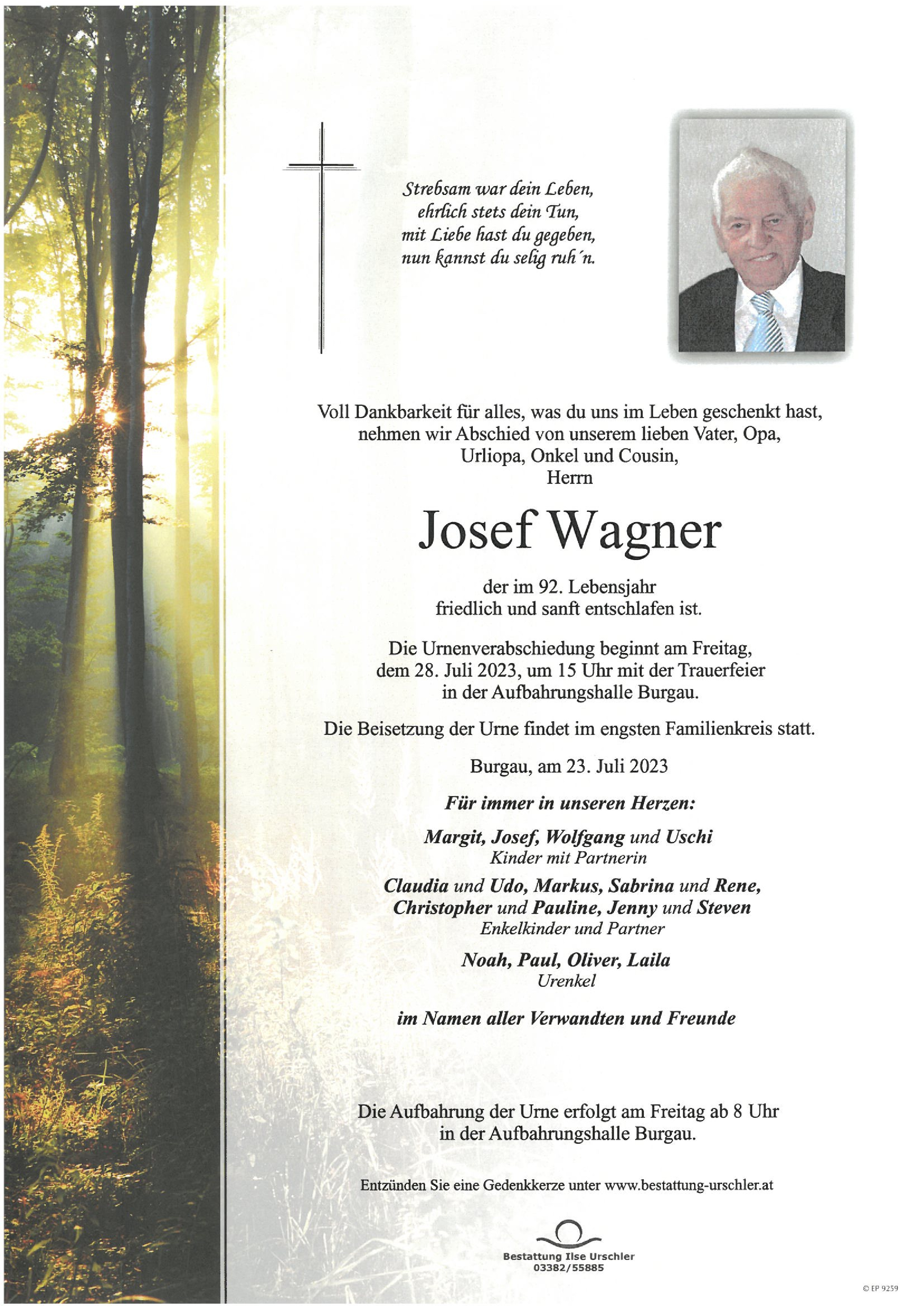 Traueranzeige von Josef Wagner