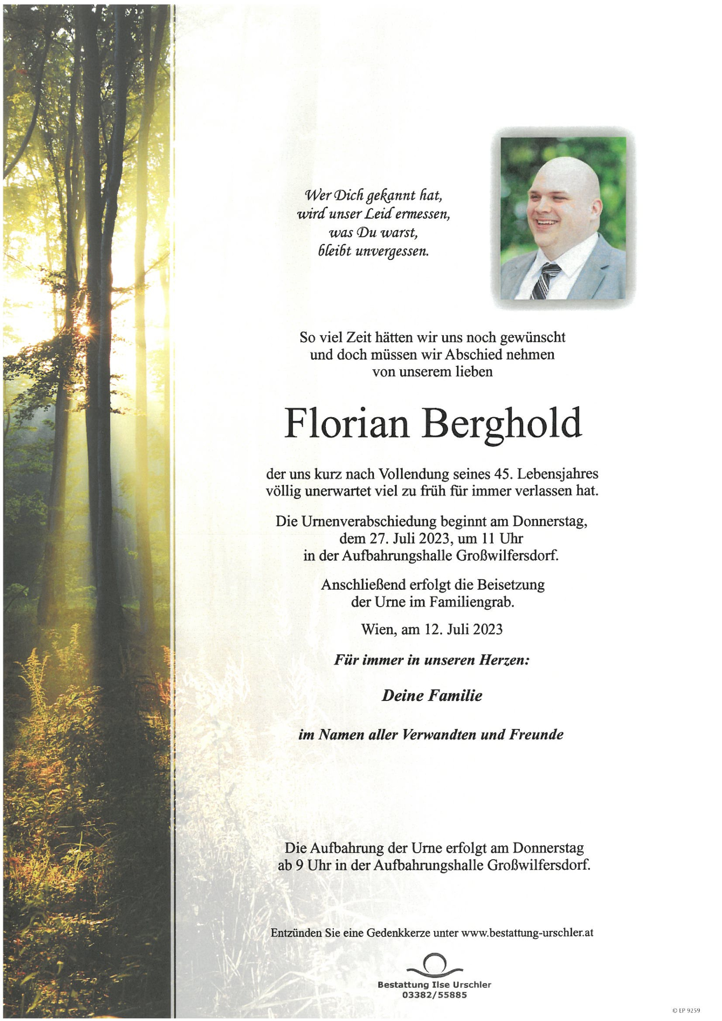 Traueranzeige von Florian Berghold