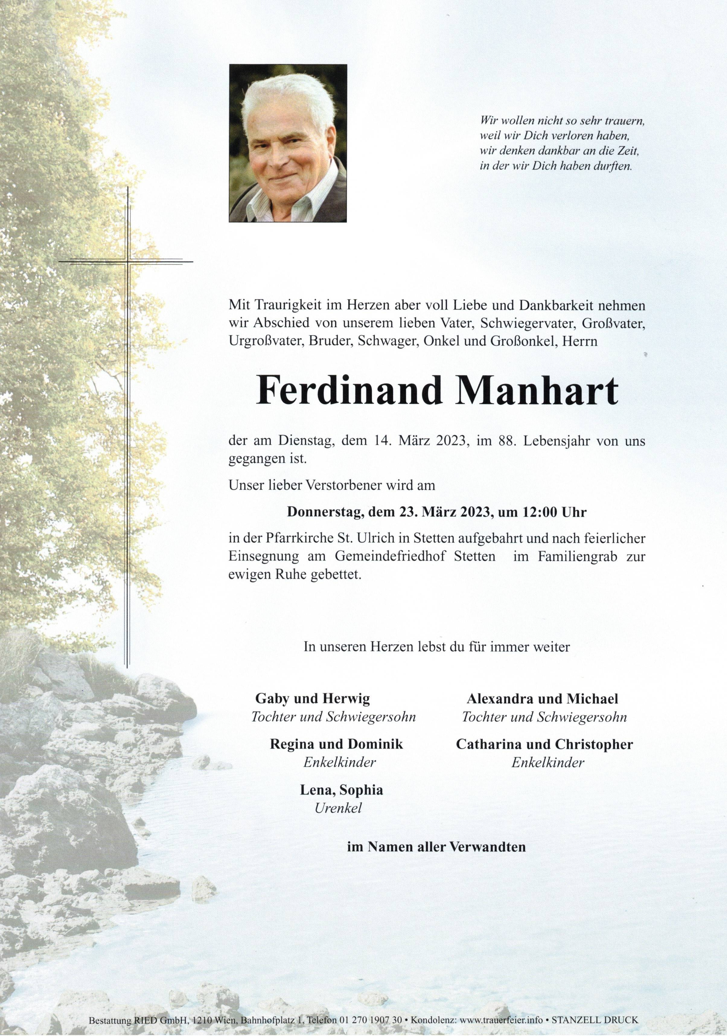 Traueranzeige von Ferdinand Manhart