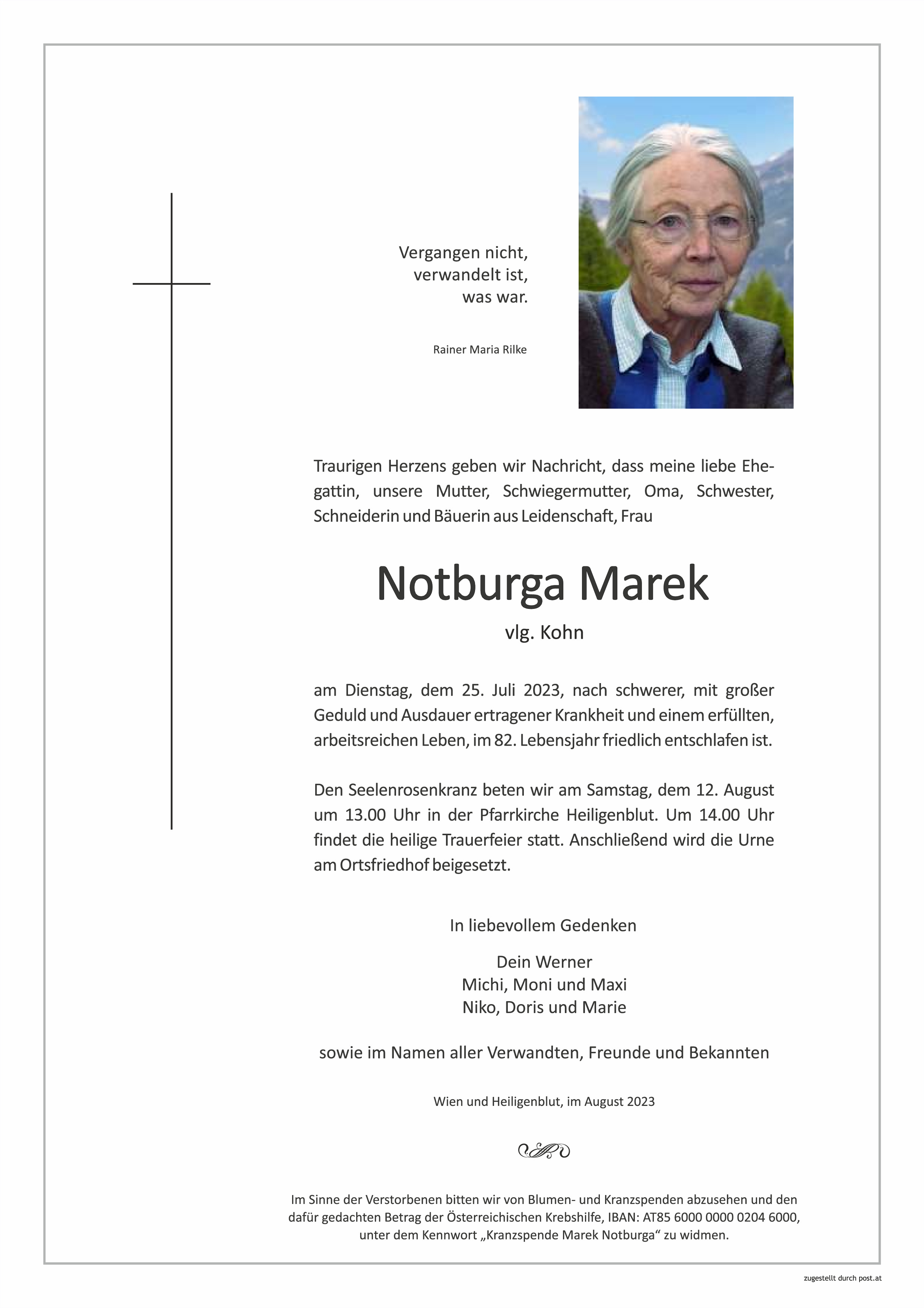 Traueranzeige von Notburga Marek