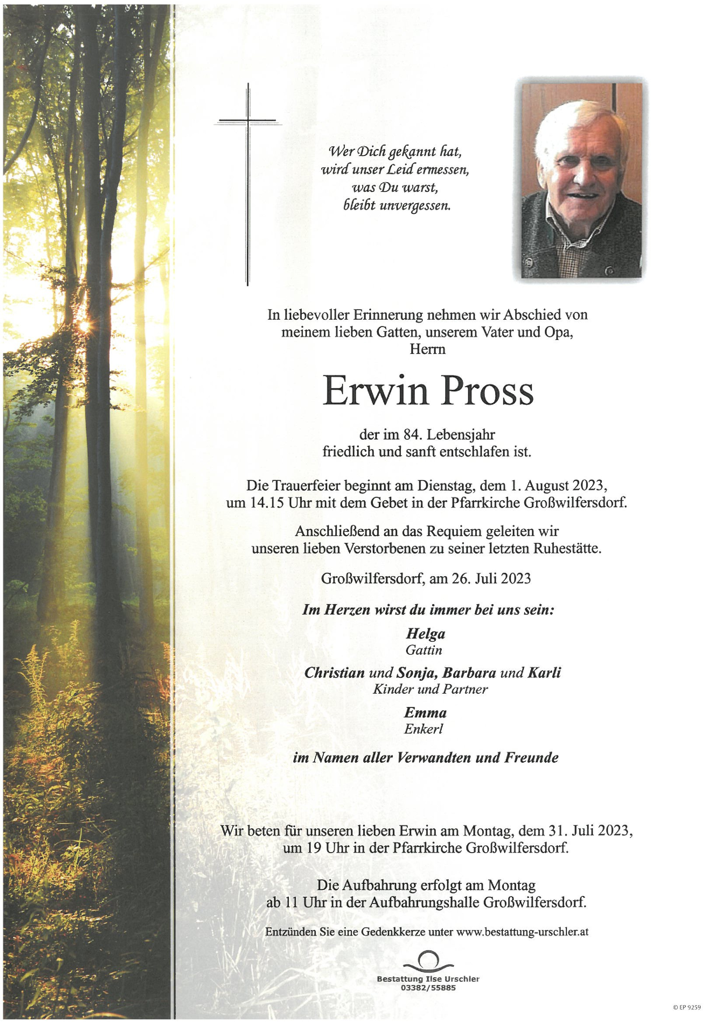 Traueranzeige von Erwin Pross