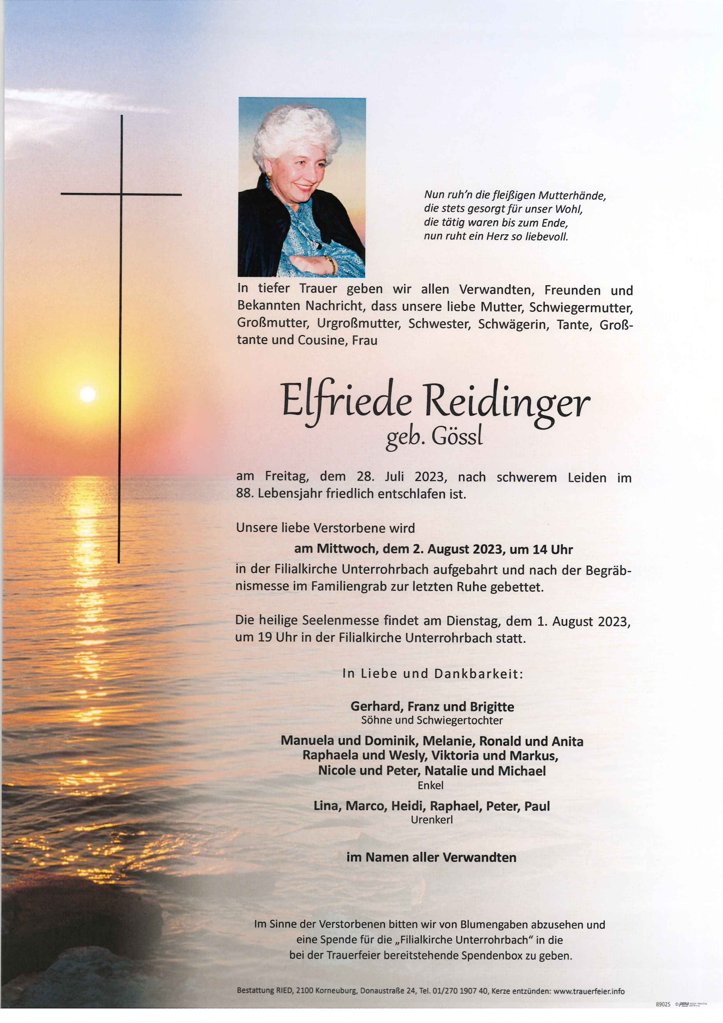 Traueranzeige von Elfriede Reidinger